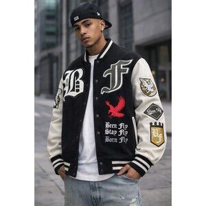 Born Fly Varsity Letterman Jacket med Black Cream Patches Embroidered Streetwear